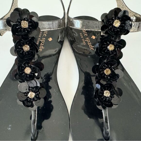 Kate Spade Farrah Black Glitter Jelly Sandals Rhinestones Floral Sz 6 Rubber - Picture 6 of 15